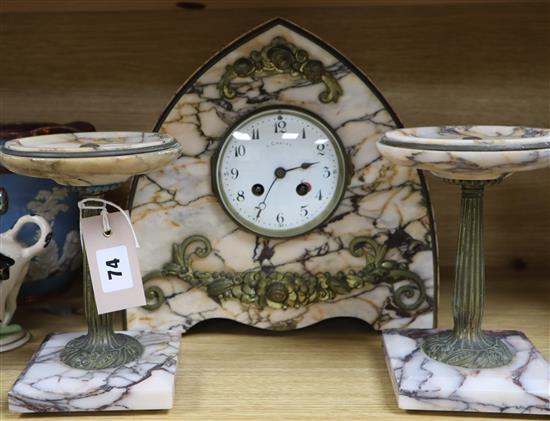 A French Art Deco marble clock garniture